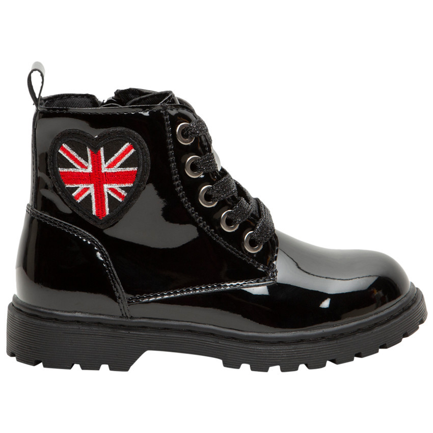 Bottillons vernis avec badge coeur motif drapeau Londonien 
