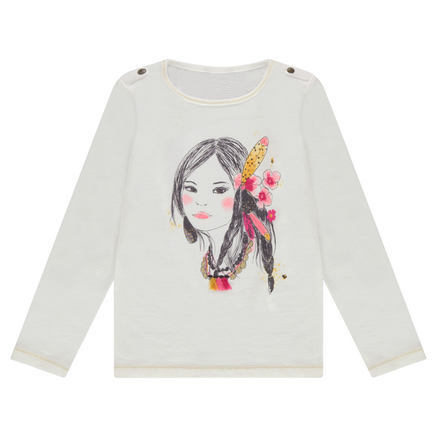 Tee-shirt manches longues en jersey avec princesse printée et pompons en relief 