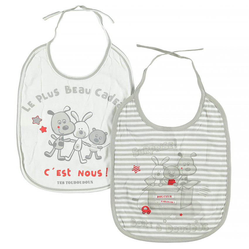 Lot de 2 bavoirs uni/rayé avec animaux printés 