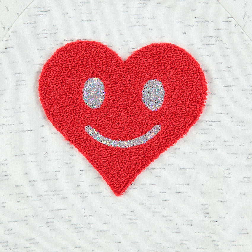 Sweat en molleton chiné avec coeur en bouclette et sequins argentés 
