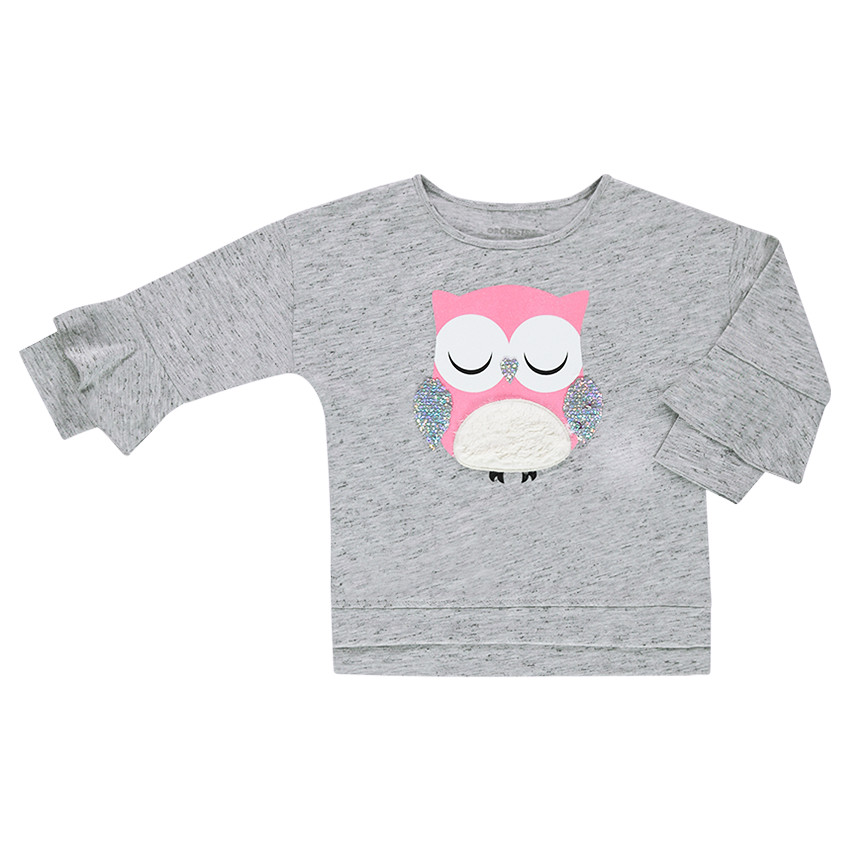 Tee-shirt manches 3/4 avec chouette printée et sequins iridescents 