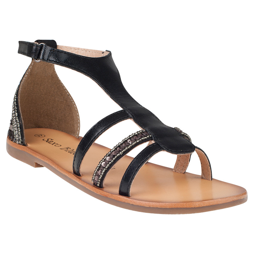 Nu-pieds noirs en cuir avec perles fantaisie 