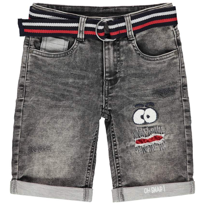 Bermuda en molleton effet jean avec ceinture rayée et personnage brodé 