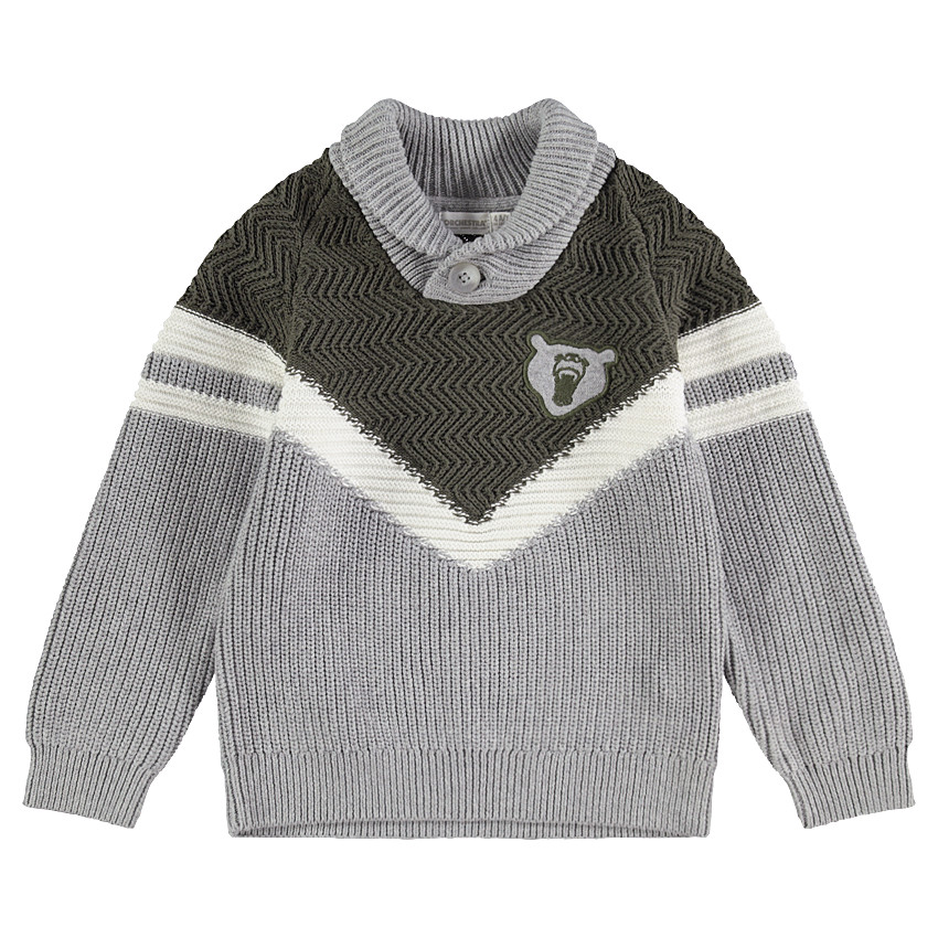 Pull en tricot avec bandes en jacquard et badge ours 