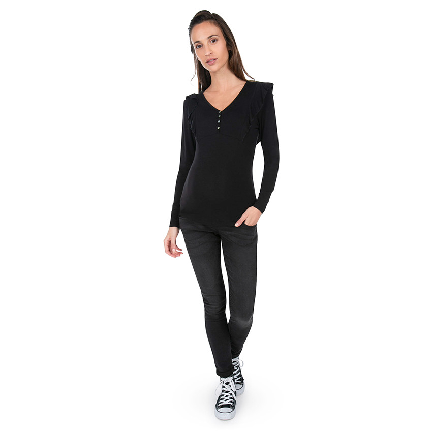 Tee-shirt de grossesse manches longues avec volants et col boutonné 