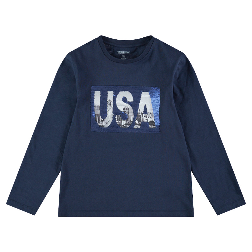 Junior - Tee-shirt manches longues en jersey avec motif USA et sequins magiques 