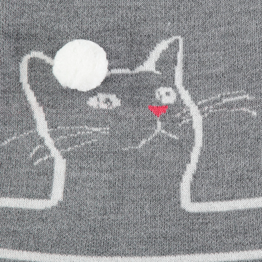 Robe manches courtes en tricot avec rayures et chat en jacquard  