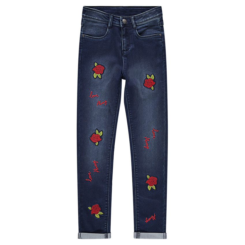 Junior - Jeans coupe slim avec roses patchées  