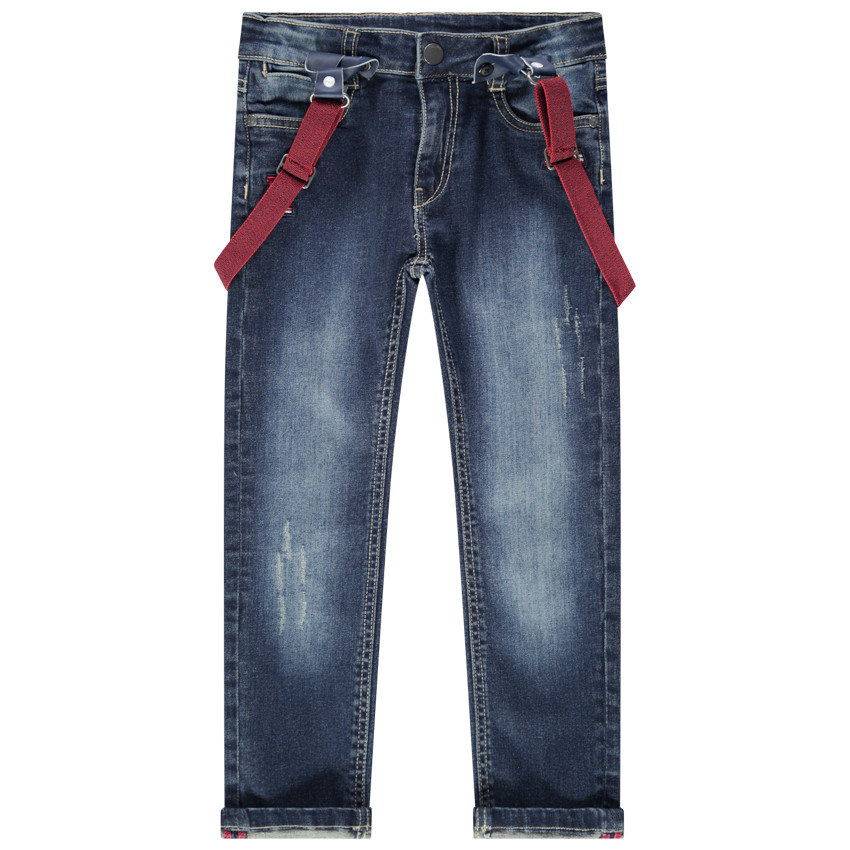 Jeans effet used avec bretelles élastiquées amovibles 