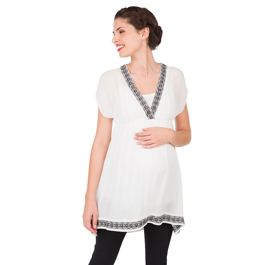 Tunique manches courtes en crêpe avec détails style ikat 