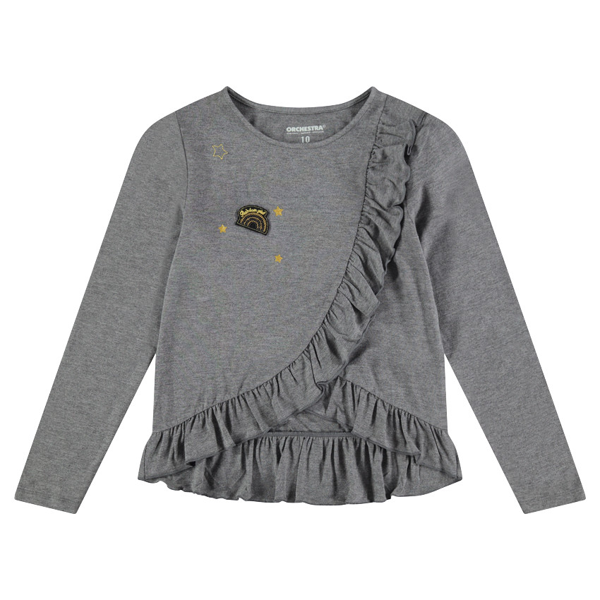 Tee-shirt manches longues en jersey avec volants et badge fantaisie 