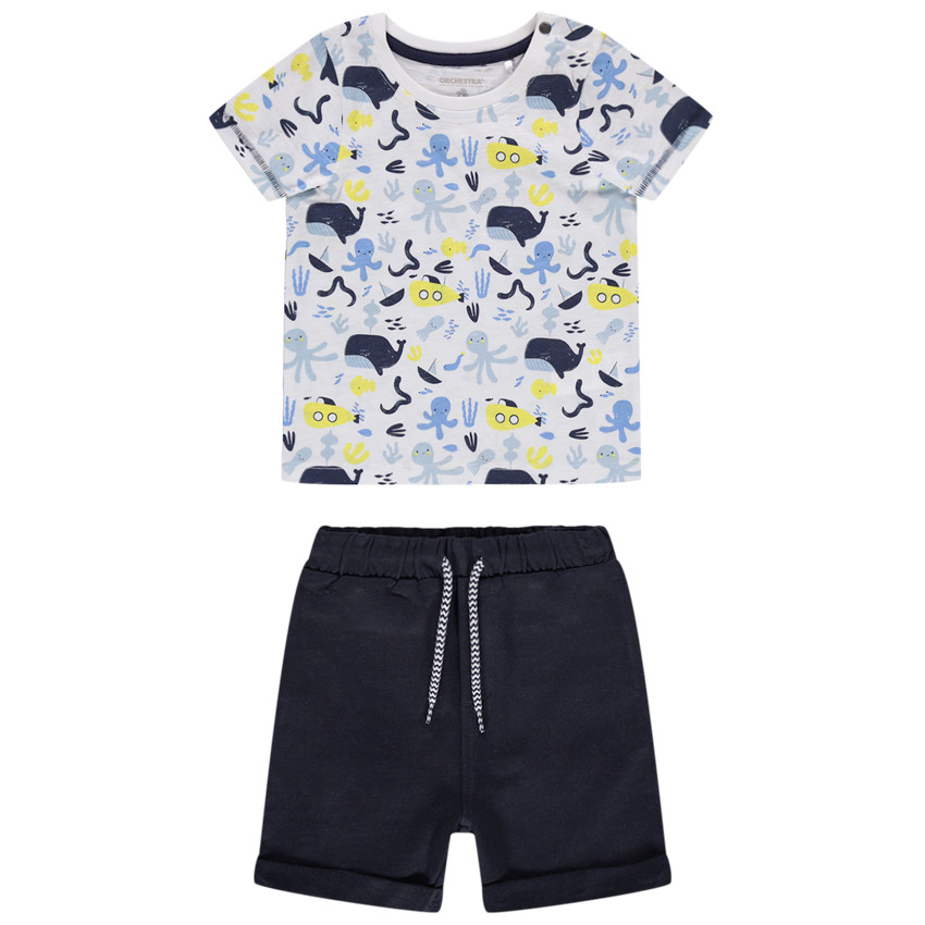 Ensemble en coton bio avec t-shirt imprimé all-over et bermuda uni 