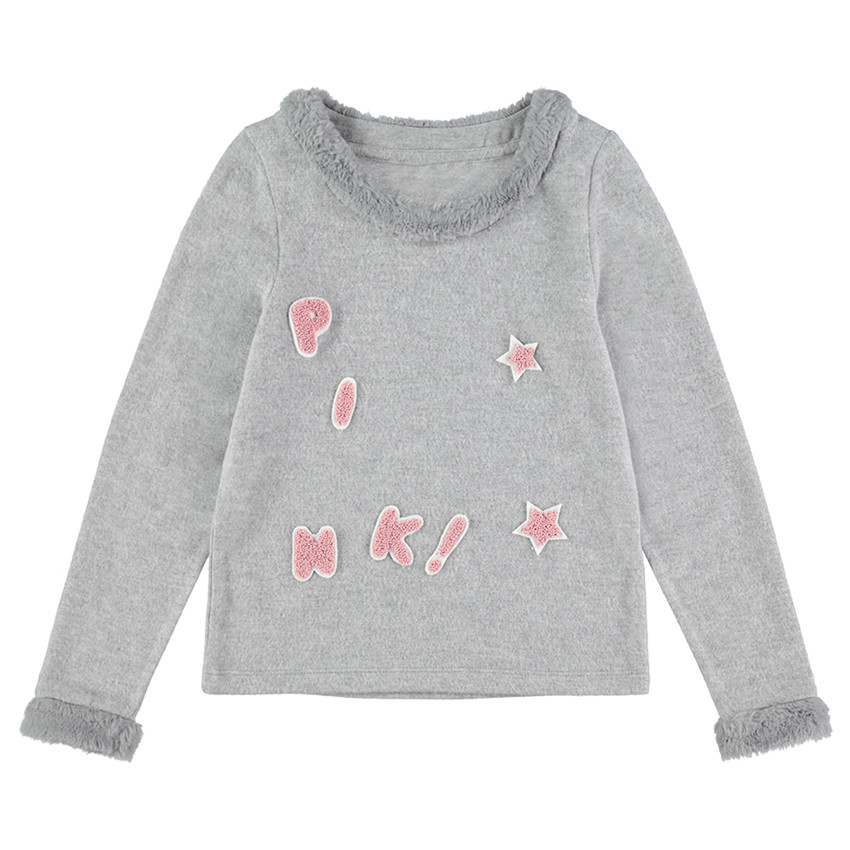 Junior - Pull en tricot chiné avec détails en fausse fourrure et lettres patchées 