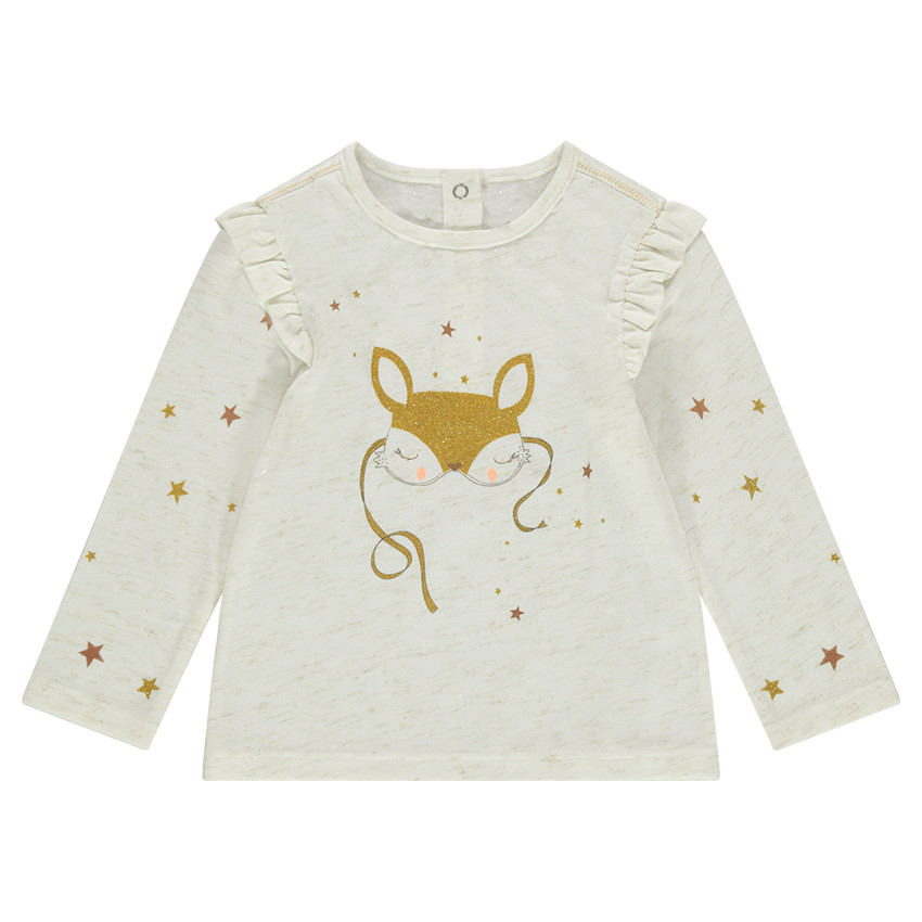 Tee-shirt manches longues en jersey slub avec renard pailleté printé 