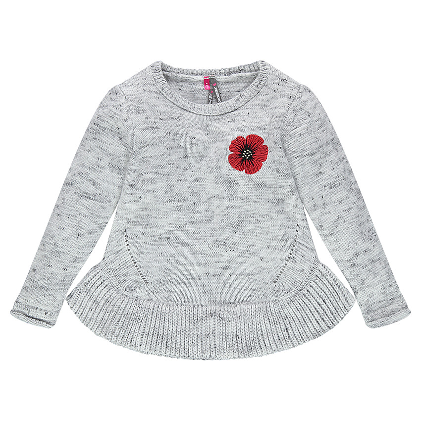 Pull en tricot chiné avec coquelicot brodé 