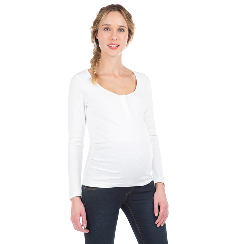 Tee-shirt de grossesse manches longues côtelé avec col pressionné 