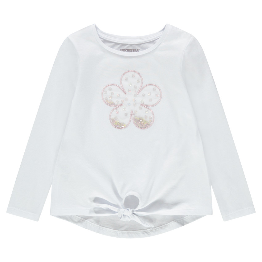 Tee-shirt manches longues avec fleur en tulle et sequins libres 