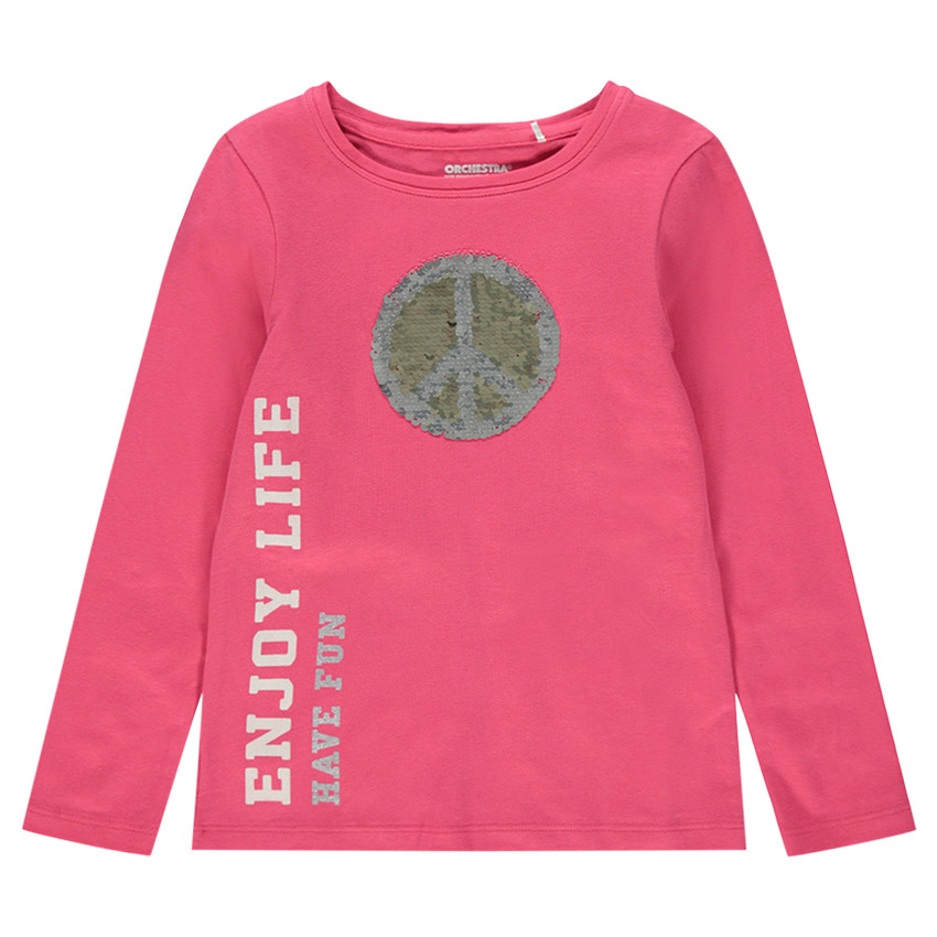 Tee-shirt manches longues en jersey avec message printé et motif en sequins magiques 