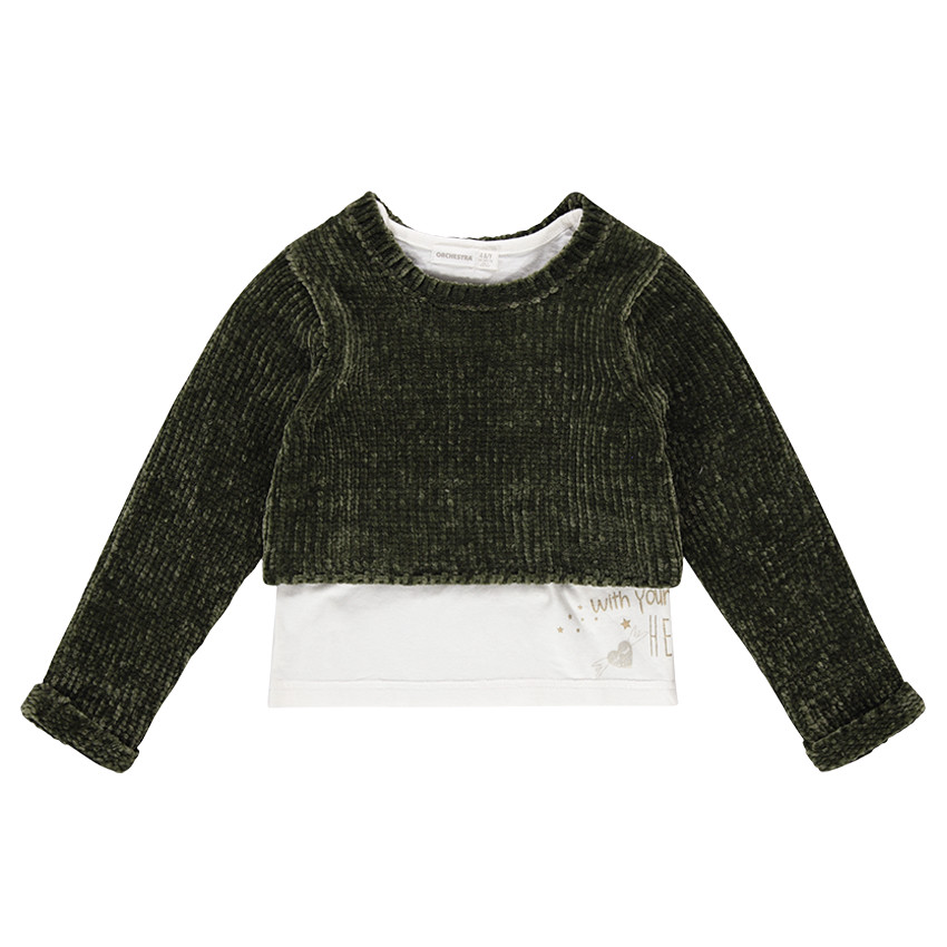 Pull 2 en 1 en maille chenille et jersey avec motif printé 