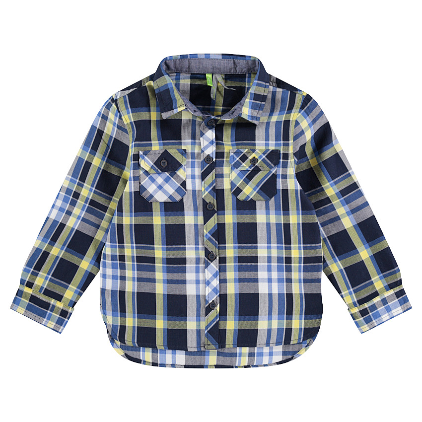 Chemise manches longues à carreaux contrastés bleu / anis et poches 