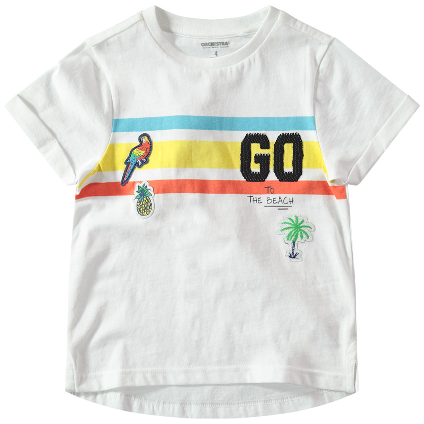 T-shirt manches courtes à bandes contrastées et badges esprit tropical 