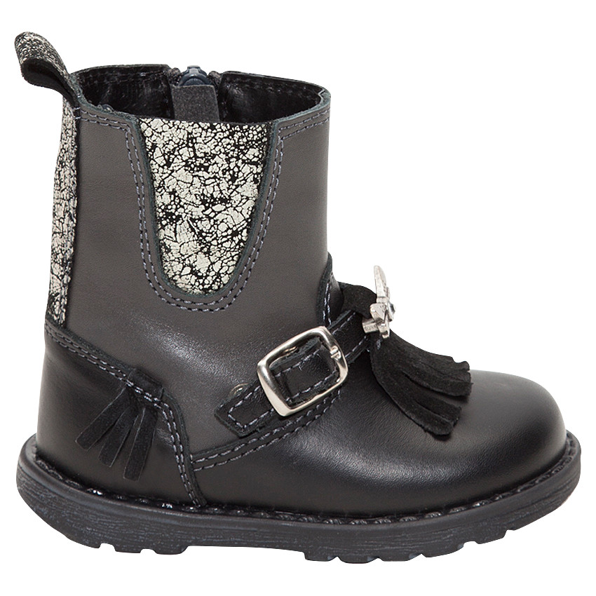 Bottines noires en cuir avec boucle et franges et empiècements fantaisie 