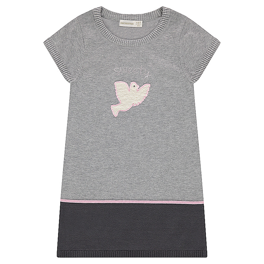 Robe manche courtes en tricot avec oiseau patché sur le devant 