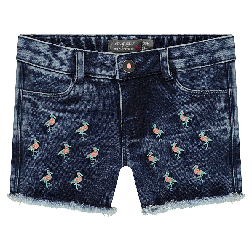 Short en jeans effet used avec flamants roses brodés 