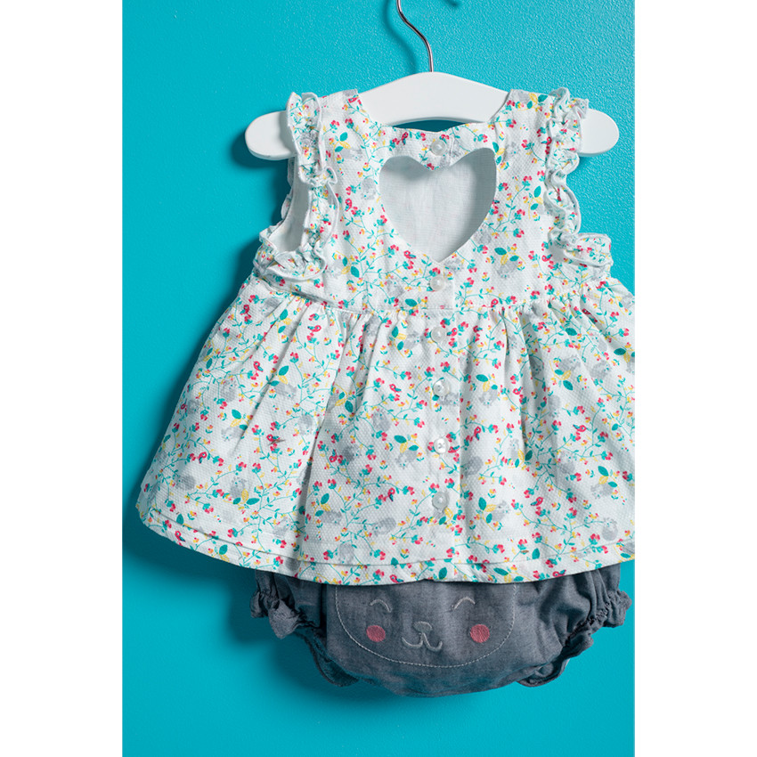 Ensemble avec tunique à fleur et bloomer avec chat brodé 