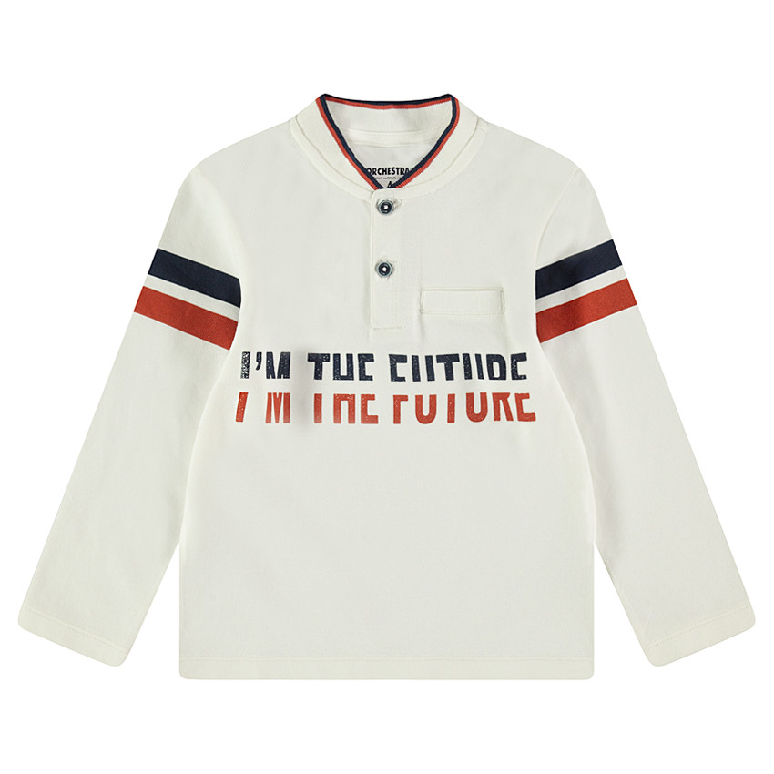 Polo manches longues en coton piqué avec bandes contrastées et poche 