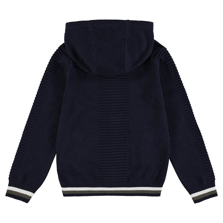 Junior - Gilet à capuche en tricot avec bandes et inscriptions en jacquard 