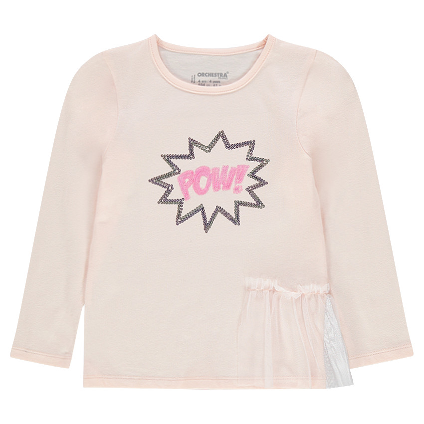 Tee-shirt manches longues avec inscription en sequins et volant en tulle 