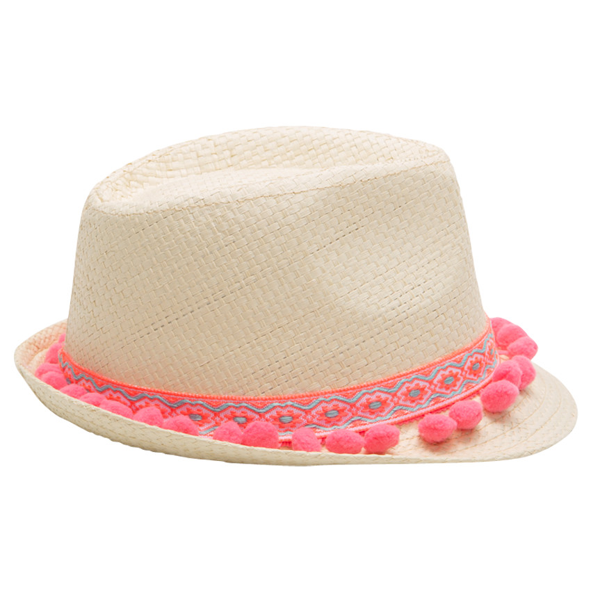 Borsalino effet paille avec galon fantaisie à pompons 
