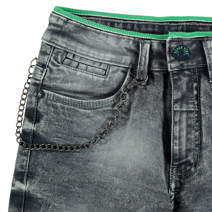 Junior - Bermuda en jeans gris effet used avec chaînette amovible 