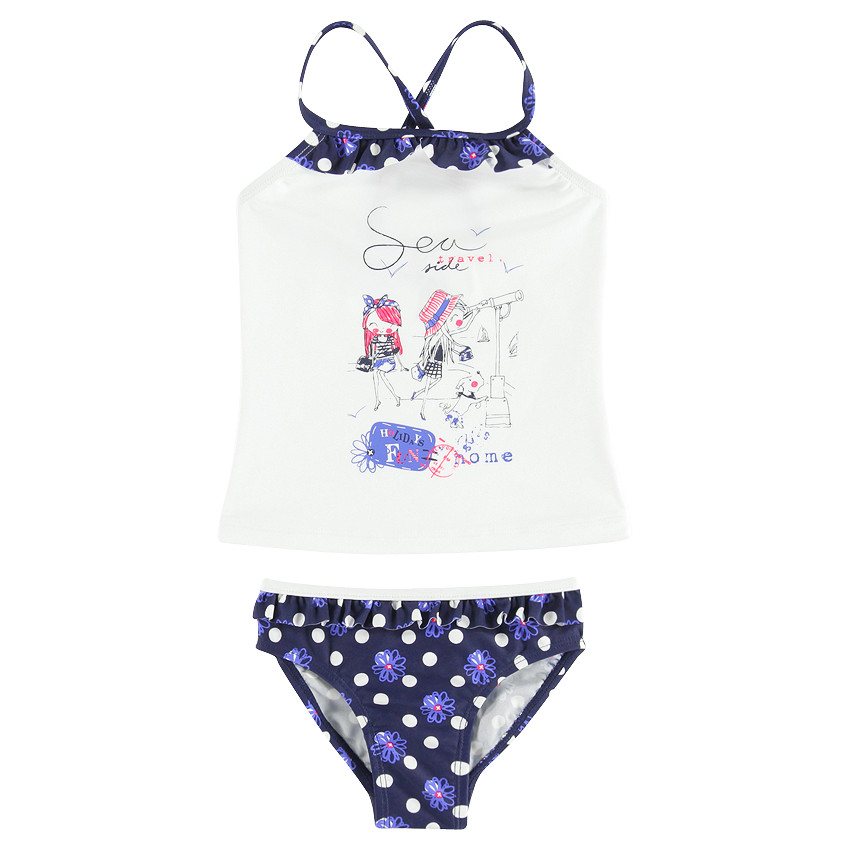 Maillot 2 pièces débardeur et culotte imprimé pois et fleurs 