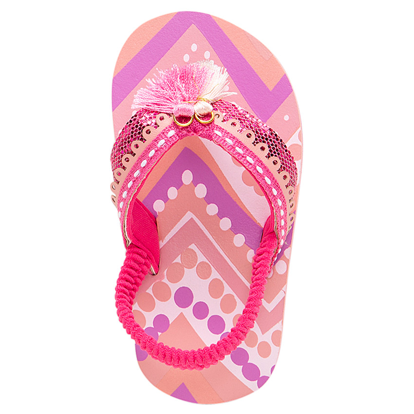 Tongs roses avec lanière élastiquée et pompons 