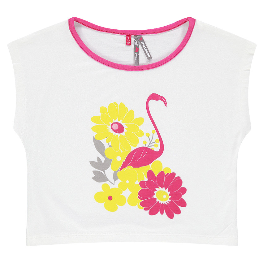 Tee-shirt court manches courtes print fleurs et flamant rose 