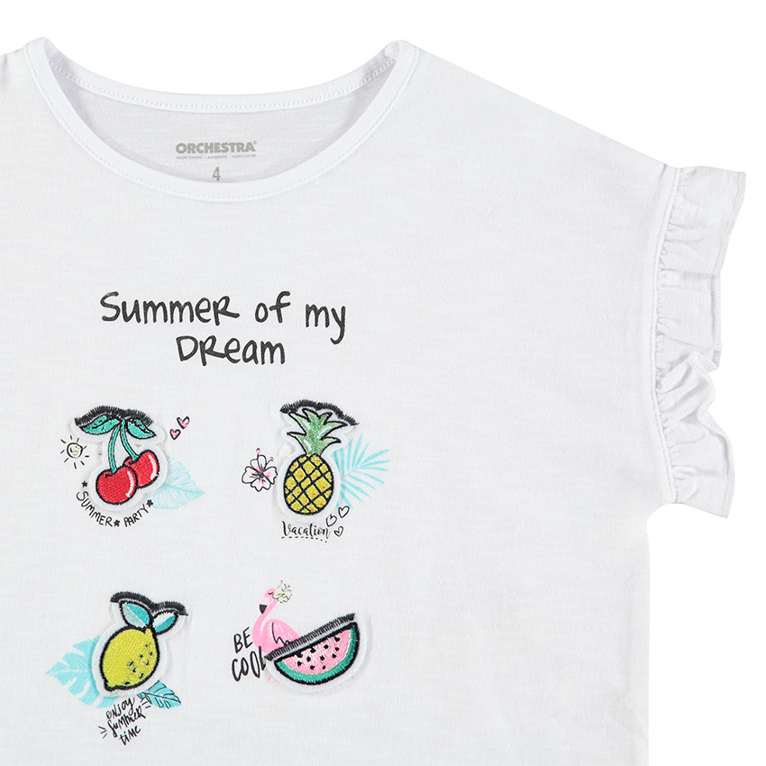 Tee-shirt manches courtes avec fruits patchés et manches volantées 