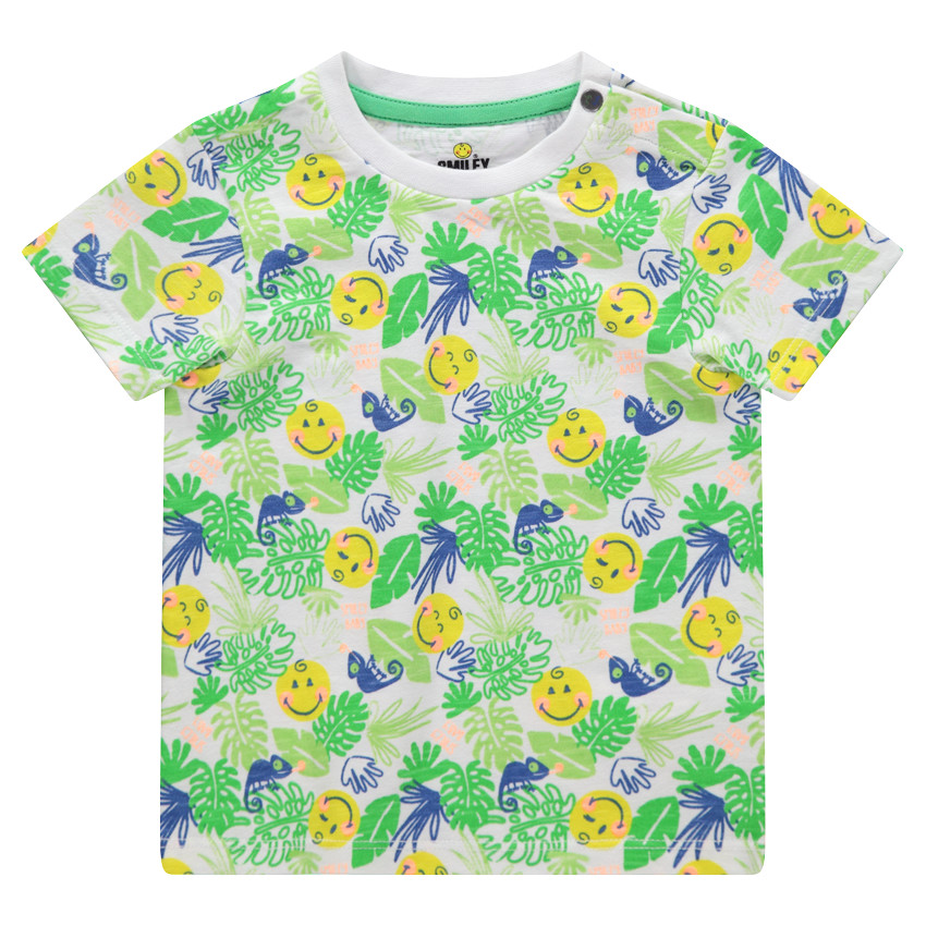 Tee-shirt manches courtes avec imprimé tropical et Smiley printé 