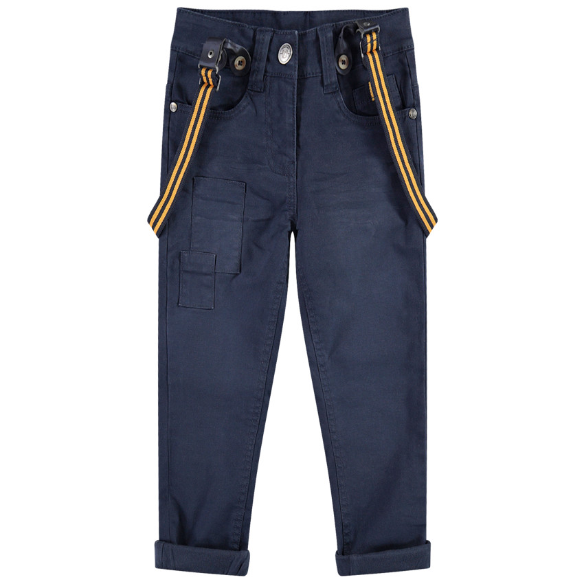 Pantalon en coton surteint effet crinkle avec bretelles rayées amovibles 