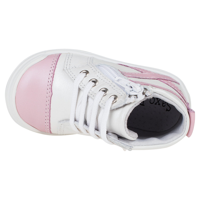 Bottillons en cuir coloris blanc et rose avec zip et lacets 