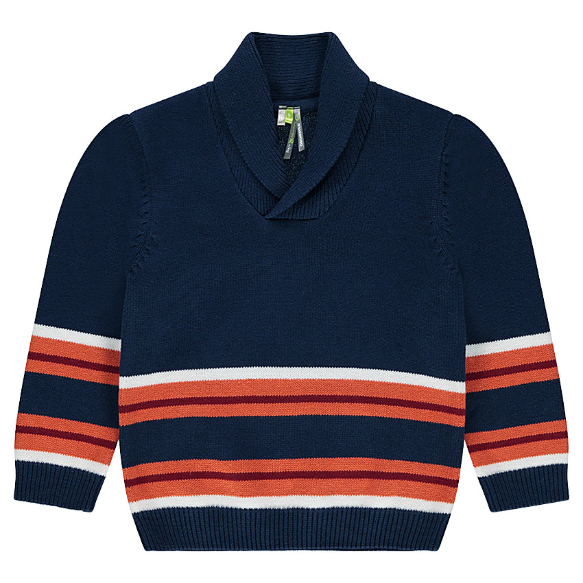 Pull en tricot avec rayures contrastées en jacquard et col châle 