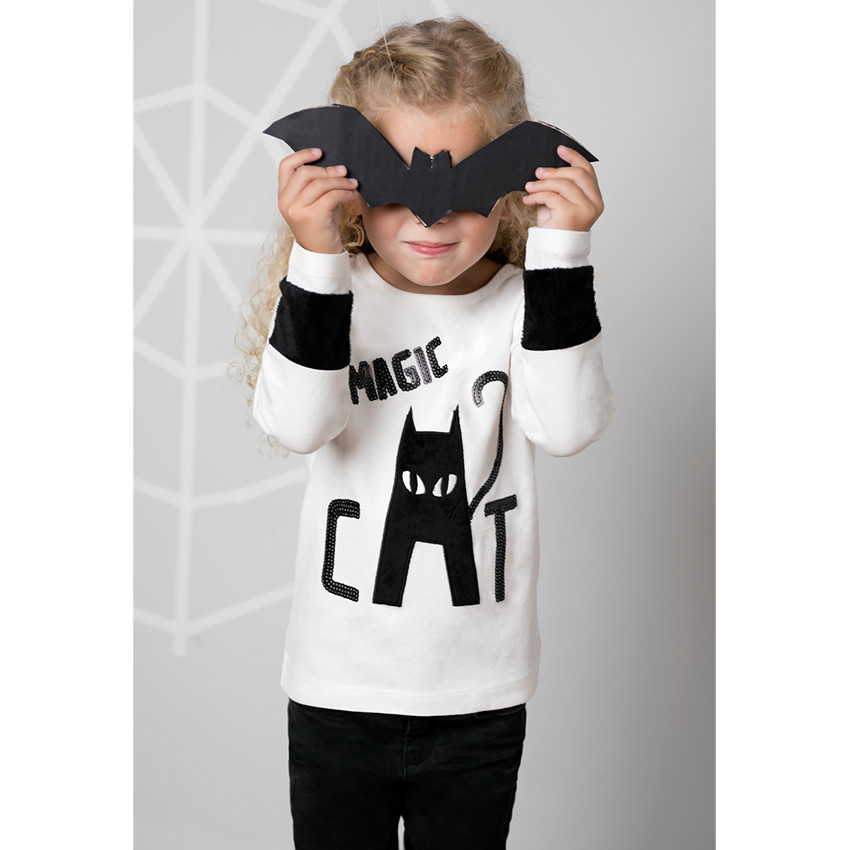 Tee-shirt manches longues avec sequins noirs et chat HALLOWEEN 