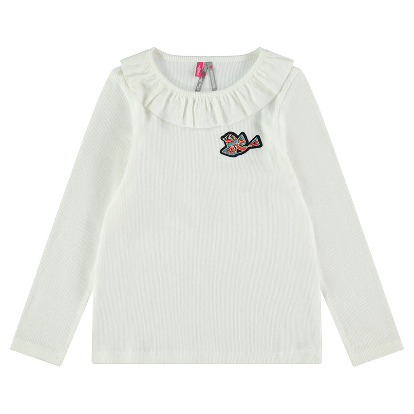 Tee-shirt manches longues côtelé avec badge oiseau et col volanté  