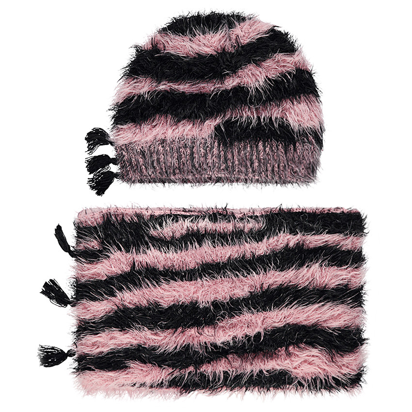 Ensemble bonnet et snood en tricot poil zébré doublé sherpa 