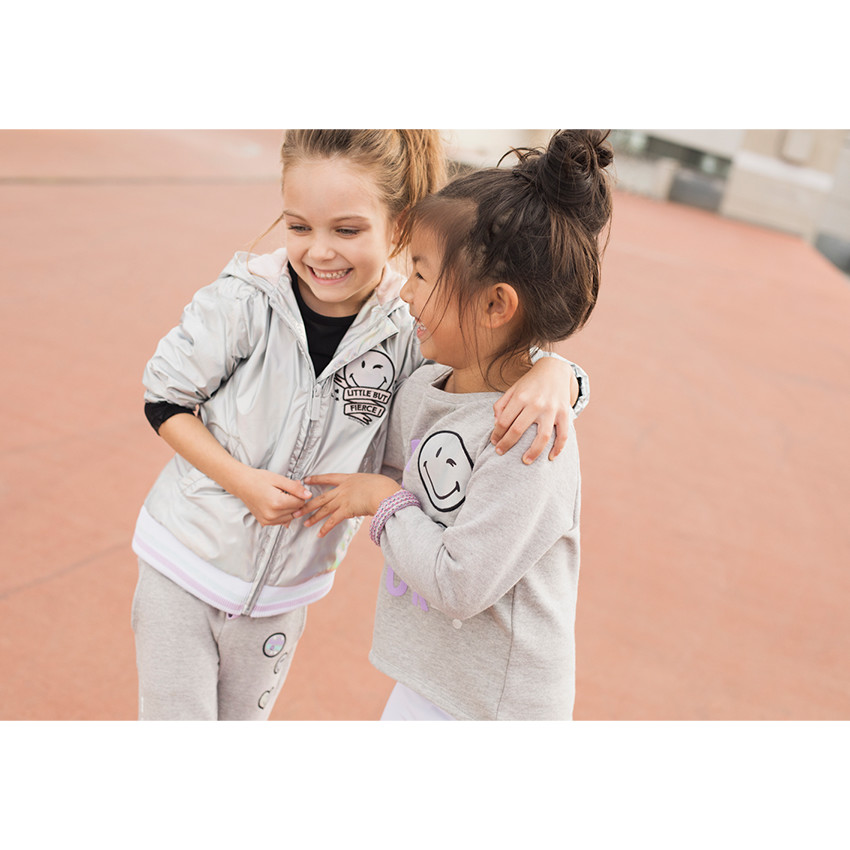 Sweat en molleton gris chiné avec message et prints Smiley 