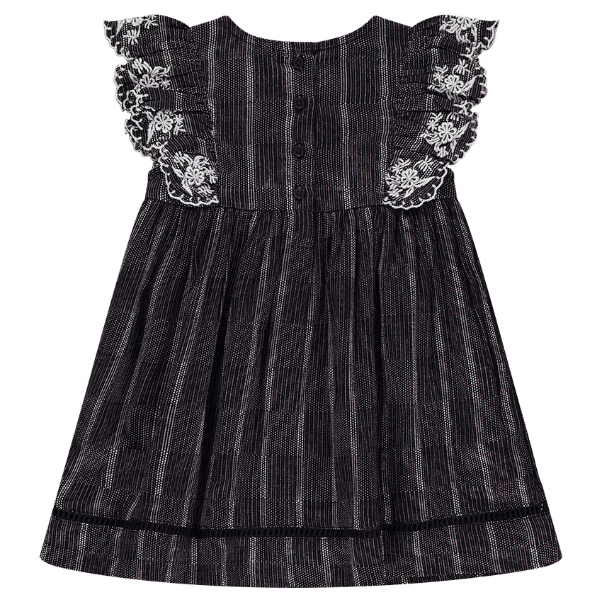 Robe à manches courtes volantées avec broderies et oiseau printé 