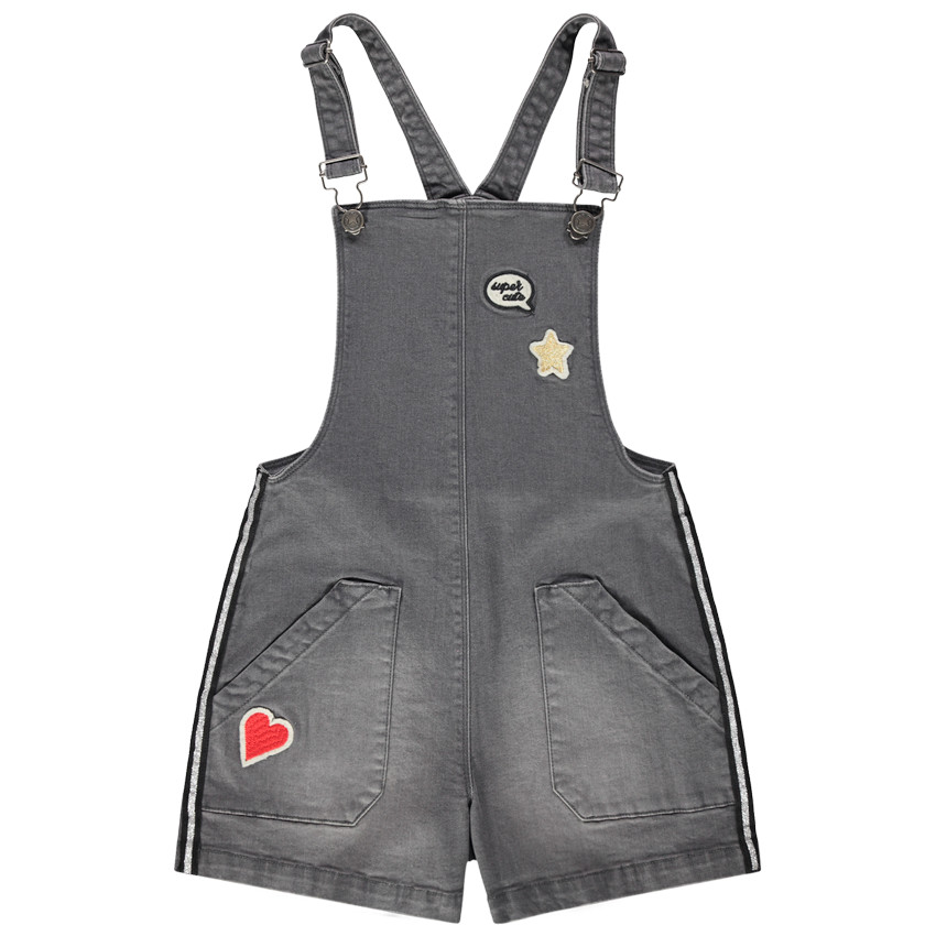 Junior - Robe salopette en jean effet used à badges et bandes argentées 
