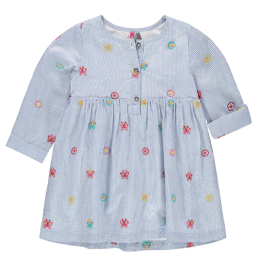 Robe manches courtes style chemise à fines rayures et motifs brodés 