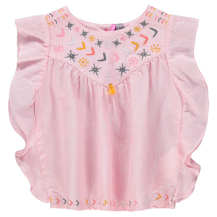 Tunique sans manches à fines rayures et broderies 